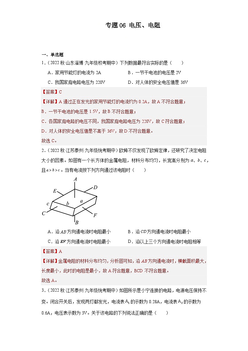 【期中真题】2023-2024学年九年级物理上册 期中真题分类专题汇编专题06 电压、电阻-试卷.zip01