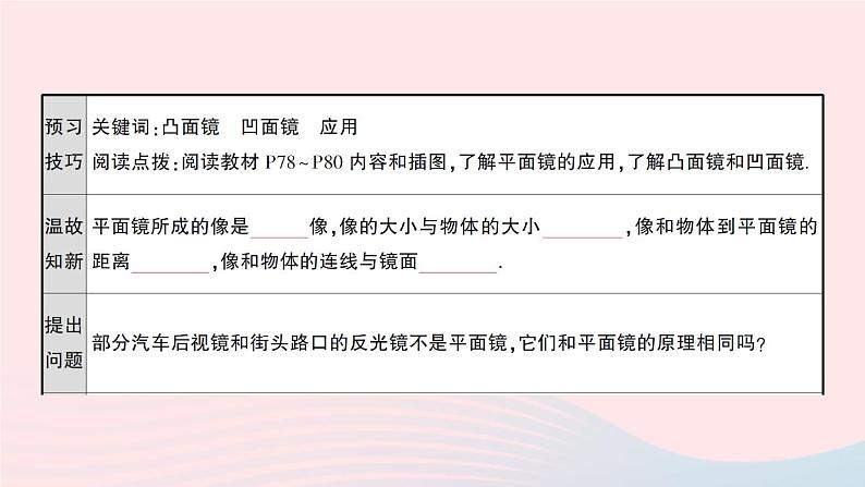 2023八年级物理上册第四章光现象第3节平面镜成像第二课时平面镜凸面镜和凹面镜预习作业课件新版新人教版第2页