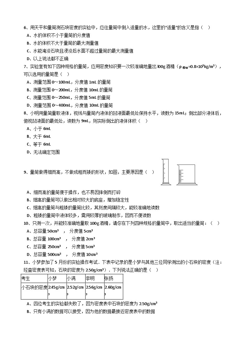 人教版物理八年级上册同步训练：第六章第三节测量物质的密度（解析版）02