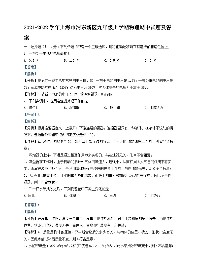2021-2022学年上海市浦东新区九年级上学期物理期中试题及答案第1页