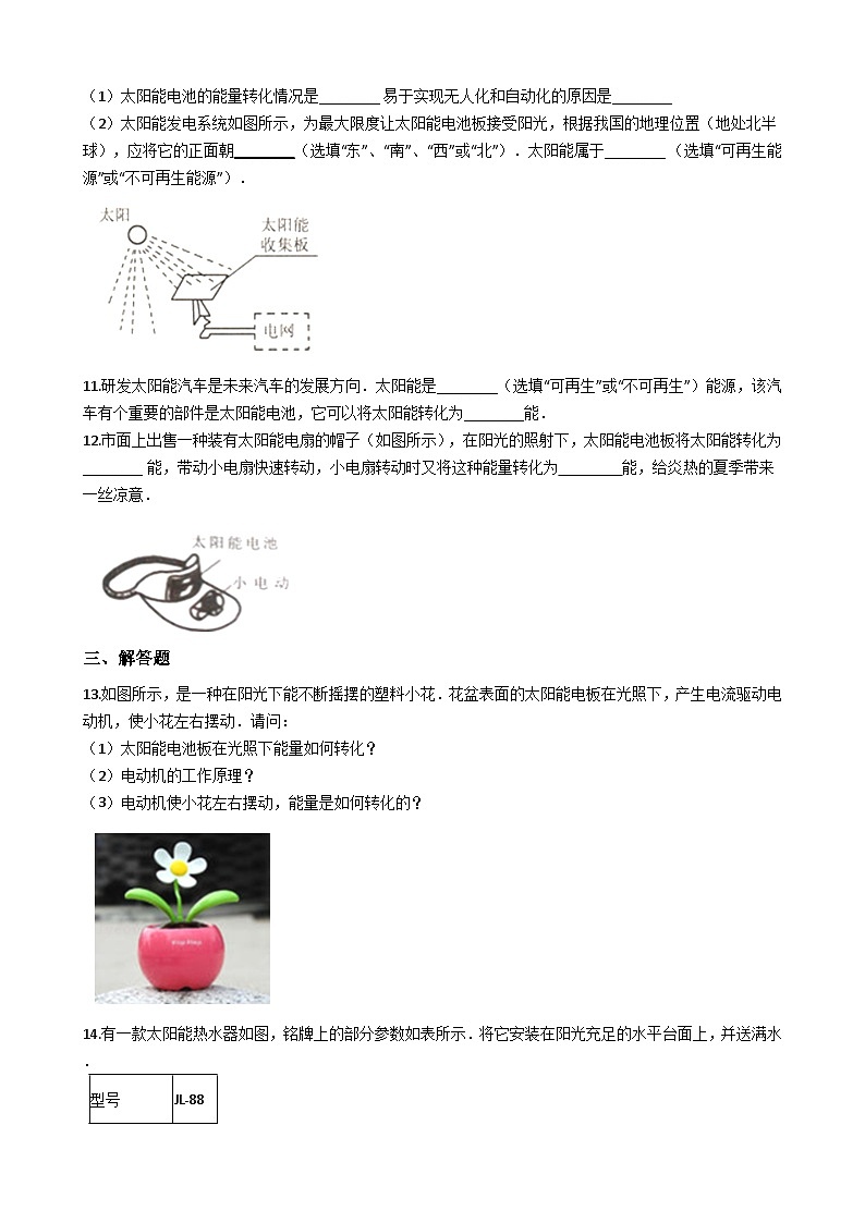 人教版九年级物理 22.3太阳能 同步测试第3页