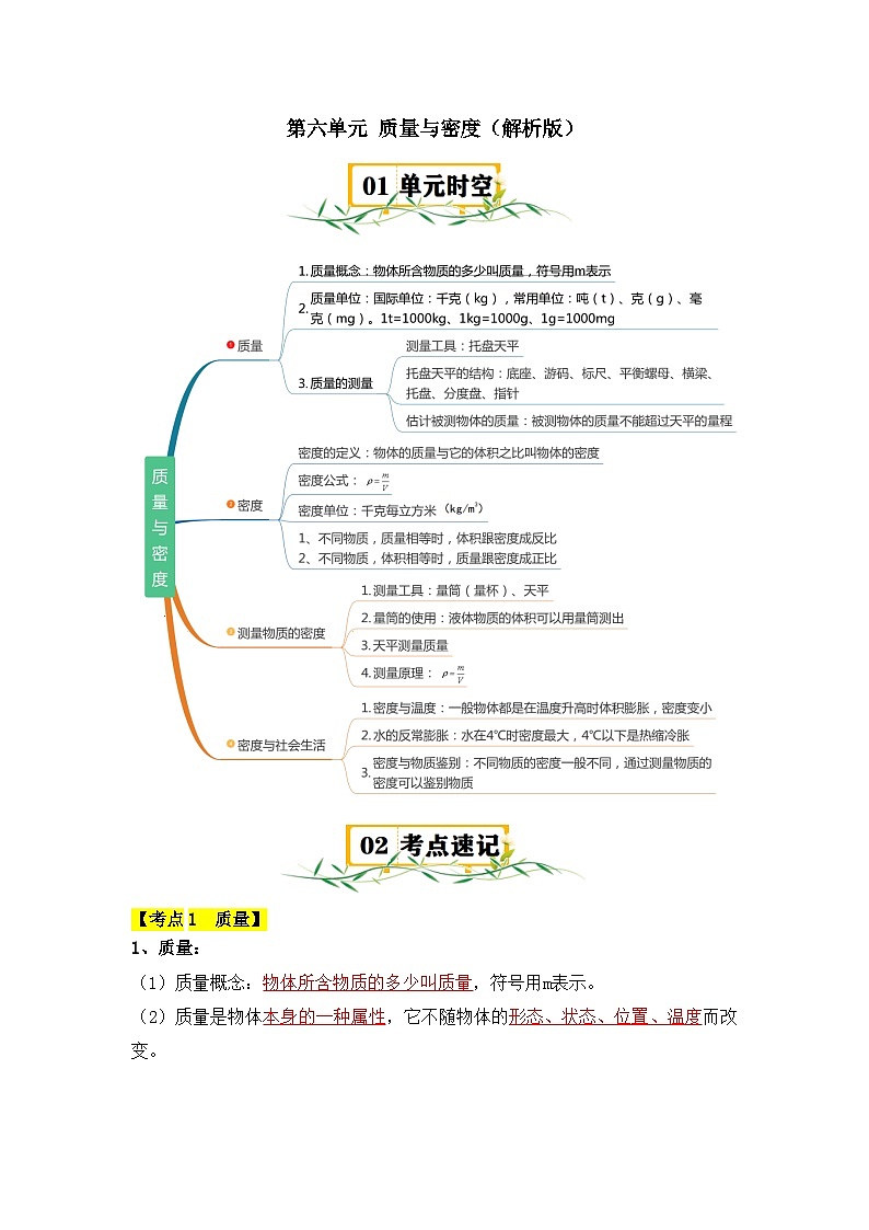第6单元 质量与密度【速记清单】（原卷版）第1页