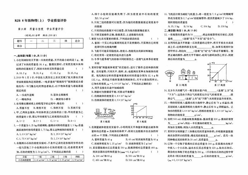 人教版八年级上册《物理》第六章综合质量评测卷（二）（质量与密度）【含答案】01