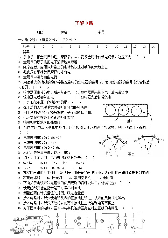 2023九年级物理全册第十四章了解电路单元测试题新版沪科版第1页