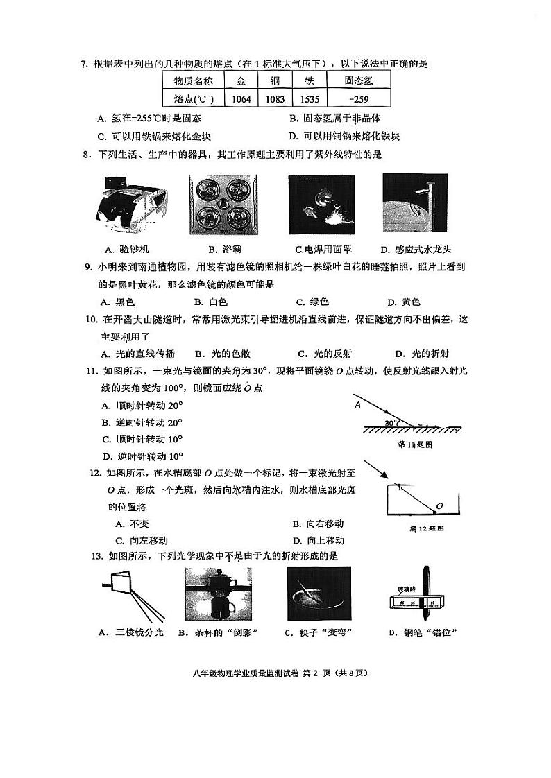 江苏省南通市2023-2024学年八年级上学期11月期中物理试题(1)第2页