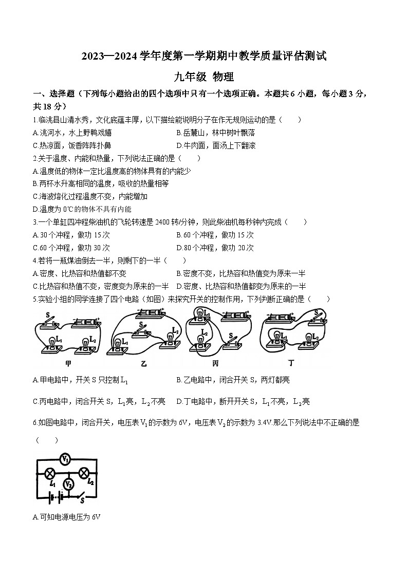 甘肃省定西市安定区等2地2023-2024学年九年级上学期11月期中物理试题第1页