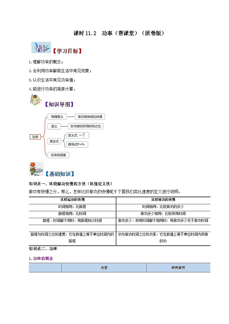 人教版物理八年级下册同步精品讲义11.2 功率（2份打包，原卷版+教师版）01