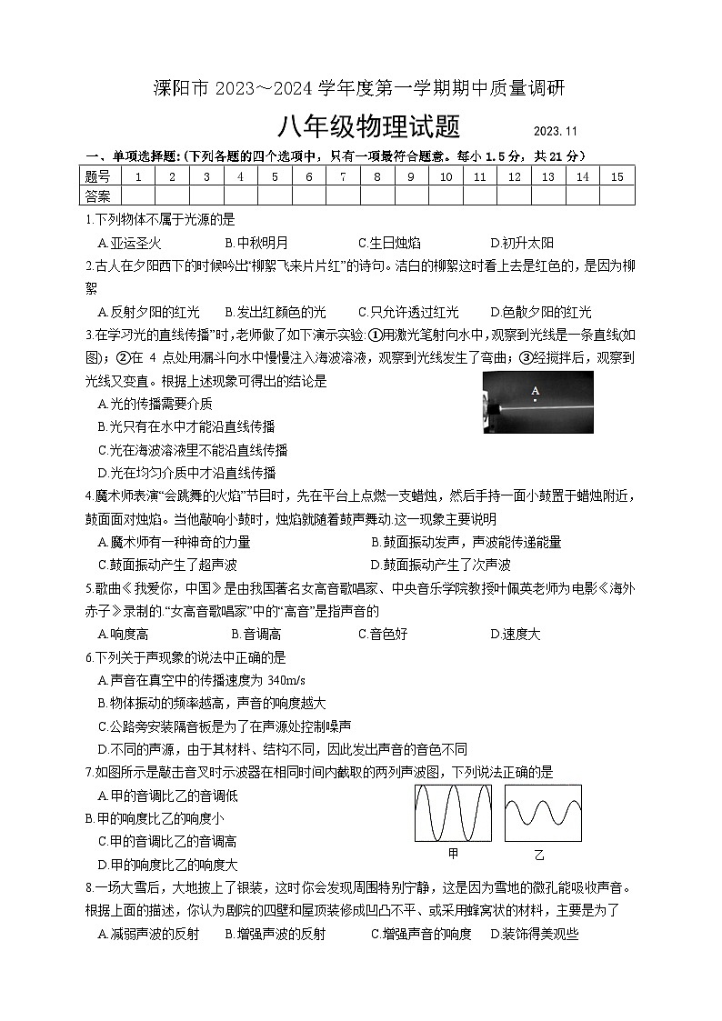 江苏省常州市溧阳市2023-2024学年八年级上学期11月期中物理试题第1页