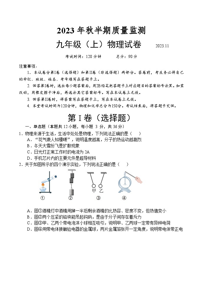四川省眉山市仁寿县城区2023-2024学年九年级上学期期中考试物理试题第1页