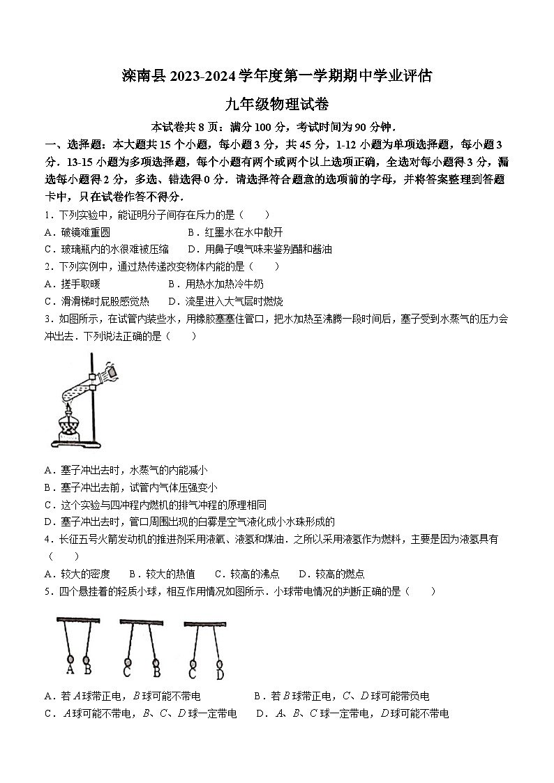 河北省唐山市滦南县2023-2024学年九年级上学期期中学业评估物理试题01