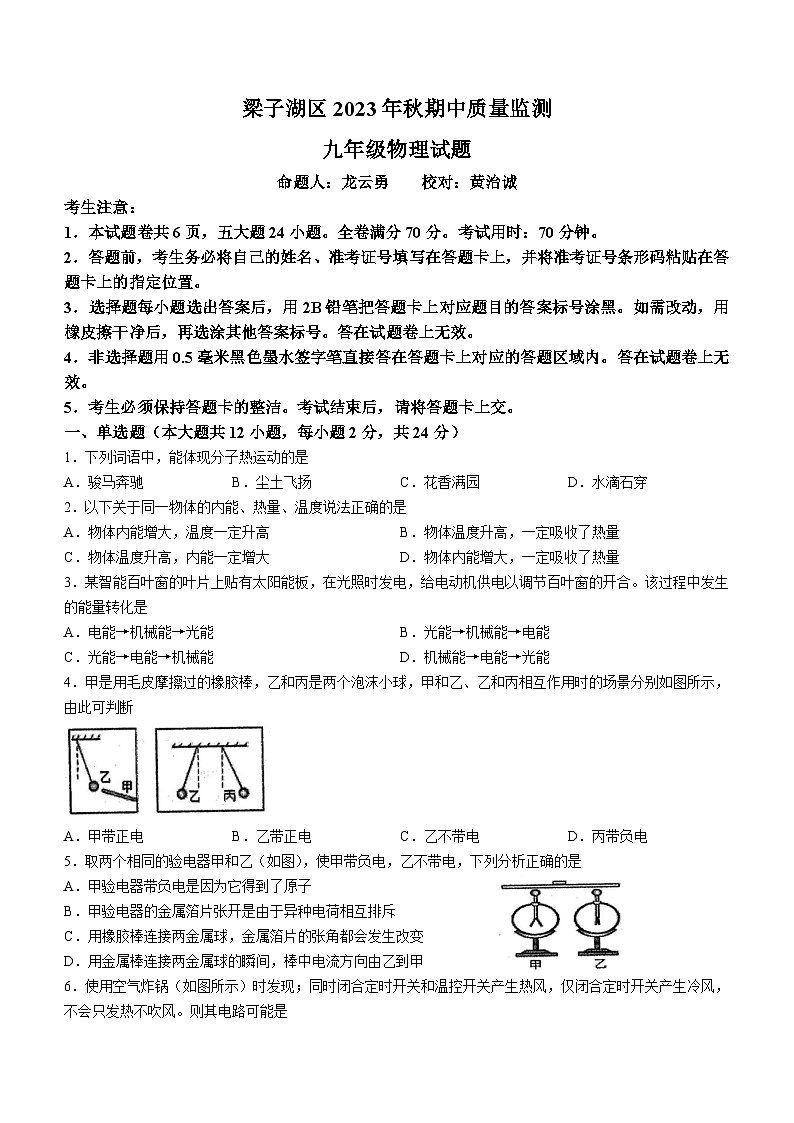 湖北省鄂州市梁子湖区2023-2024学年九年级上学期期中考试物理试题第1页