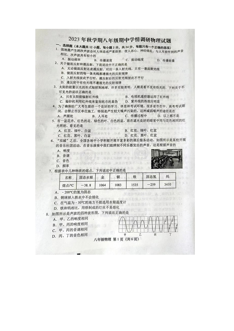 江苏省盐城市阜宁县2023-2024学年八年级上学期期中考试物理试卷第1页
