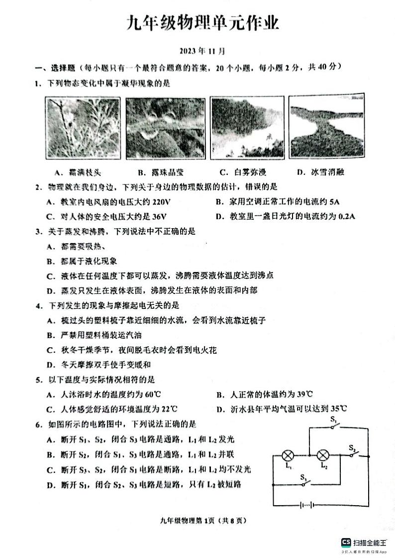山东省临沂市沂水县2023-2024学年九年级上学期期中考试物理试题01