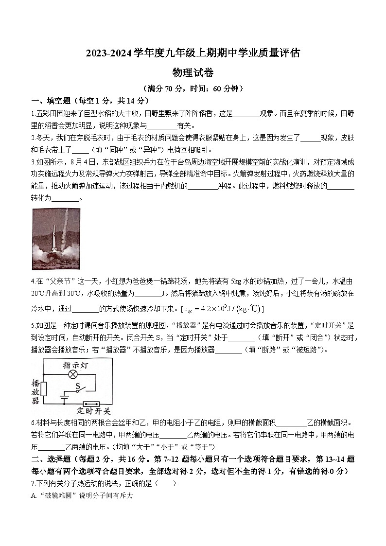 河南省漯河市召陵区2023-2024学年九年级上学期11月期中物理试题01