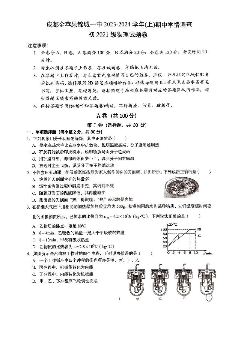 四川省成都金苹果锦城第一中学2023-2024学年九年级上学期11月期中物理试题第1页