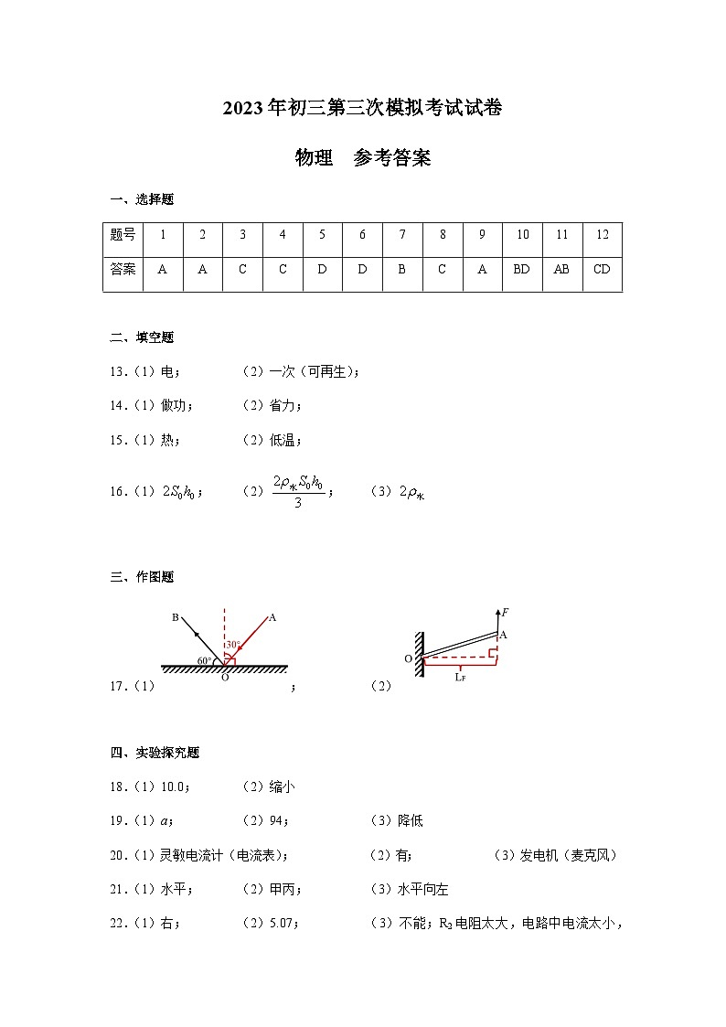 2023年湖南省长沙市青竹湖湘一外国语学校中考三模考试物理试题（答案）第1页