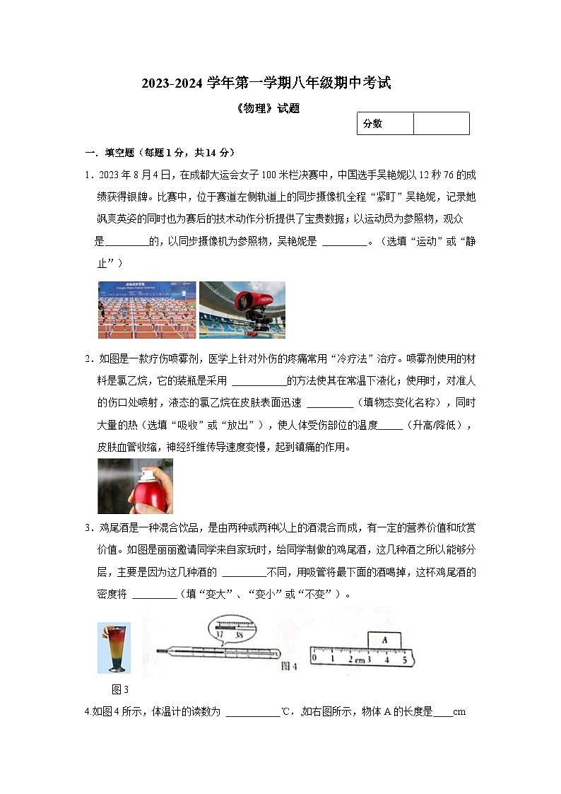 河南省新乡市牧野区河南师范大学附属中学2023-2024学年八年级上学期11月期中物理试题01