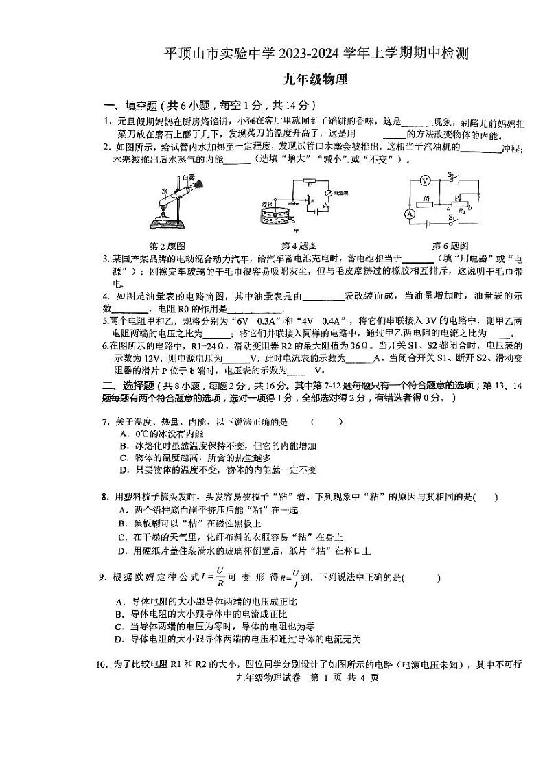 河南省平顶山市实验中学2023-2024学年九年级上学期期中测试物理试卷01