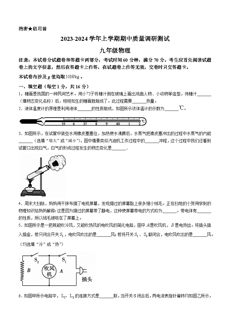河南省鹤壁市外国语中学2023-2024学年九年级上学期期中考试物理试题01