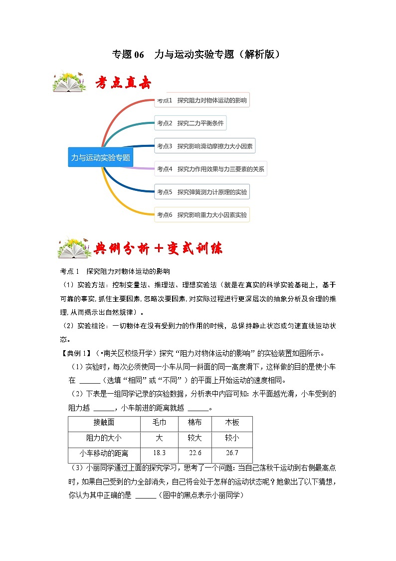 人教版八年级物理下册 专题06  力与运动实验专题（原卷版）01