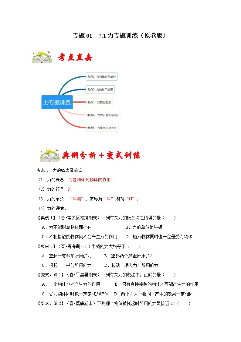 人教版八年级物理下册 7.1《 力》专题训练（原卷版）01