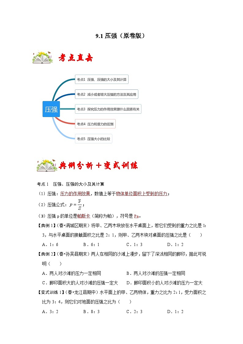 人教版八年级物理下册 9.1《压强》专题训练（原卷版）01