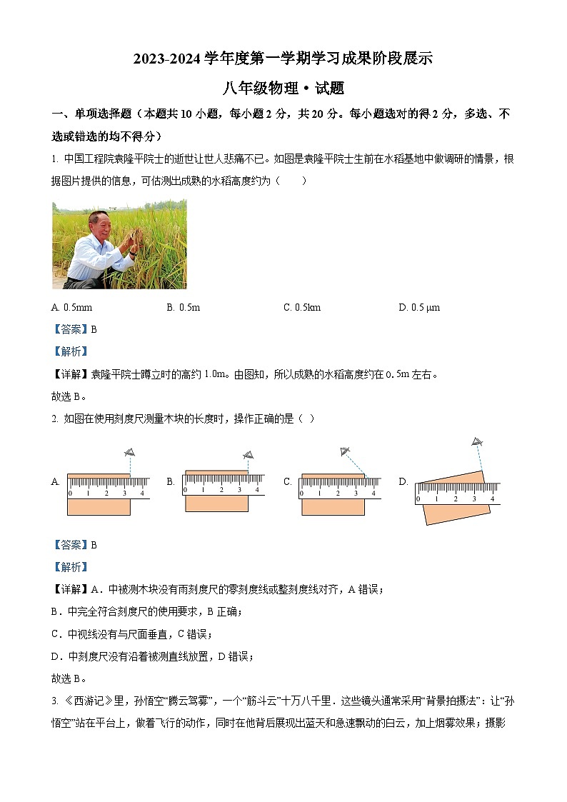 山东省德州市天衢新区2023-2024学年八年级上学期期中考试物理试题（解析版）01