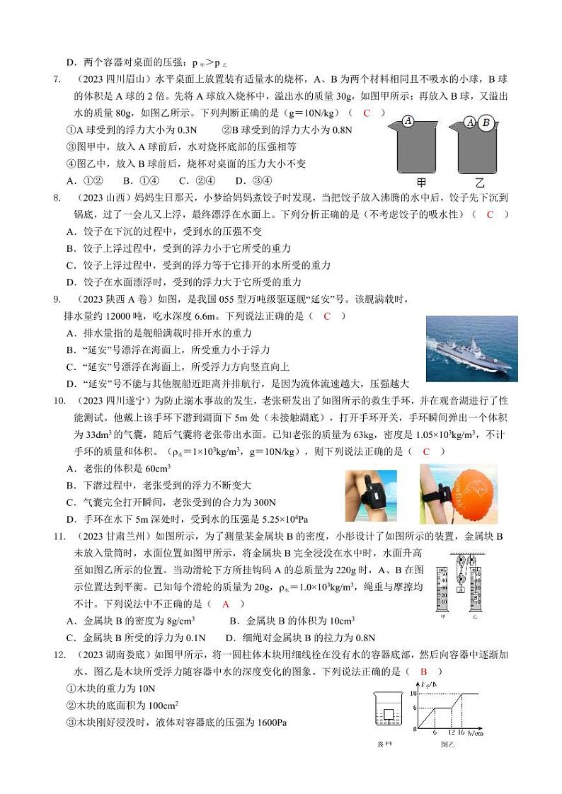 2023全国各省、市物理中考真题分类汇编10——浮力和答案02