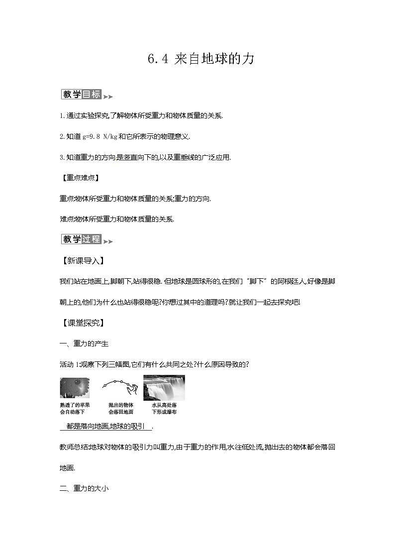 沪教版物理八年级上册6.4物理 来自地球的力 教案01