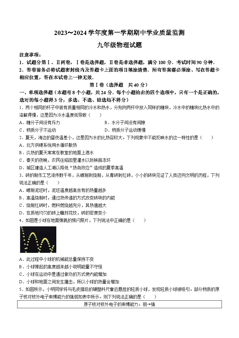 山东省潍坊市临朐县等八县区2023-2024学年九年级上学期期中考试物理试题第1页