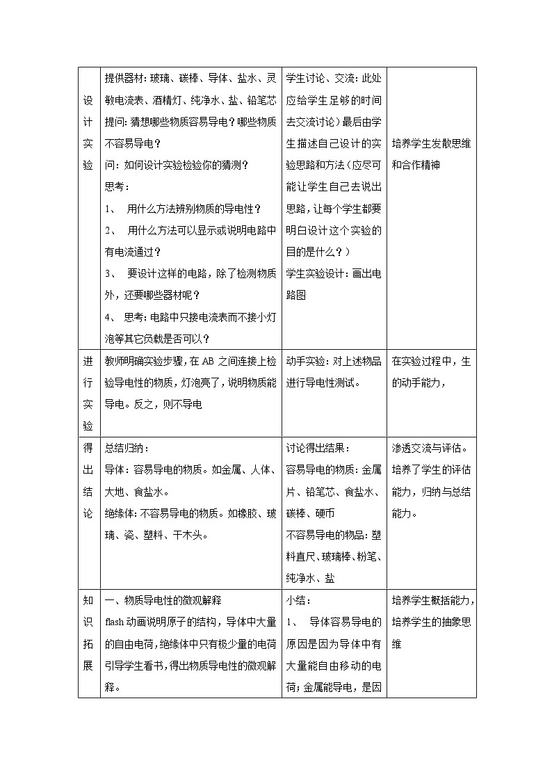 初三物理北师大版九年级教案： 11.6不同物质的导电性能 教案02