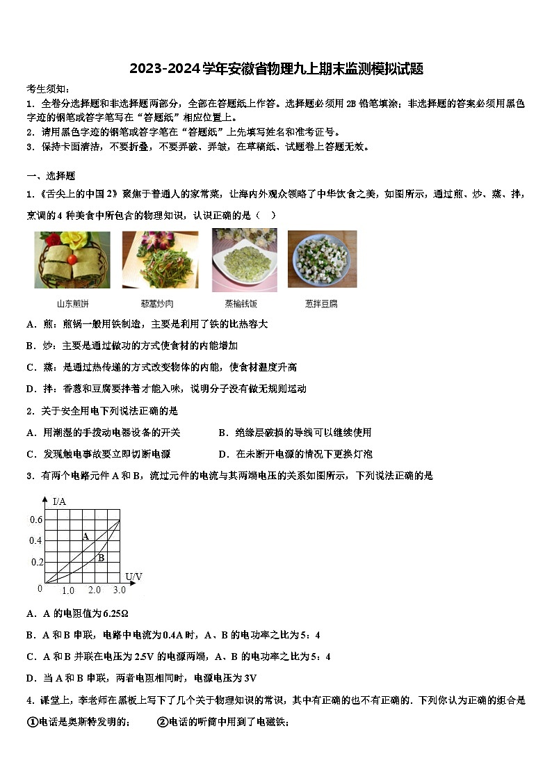 2023-2024学年安徽省物理九上期末监测模拟试题第1页