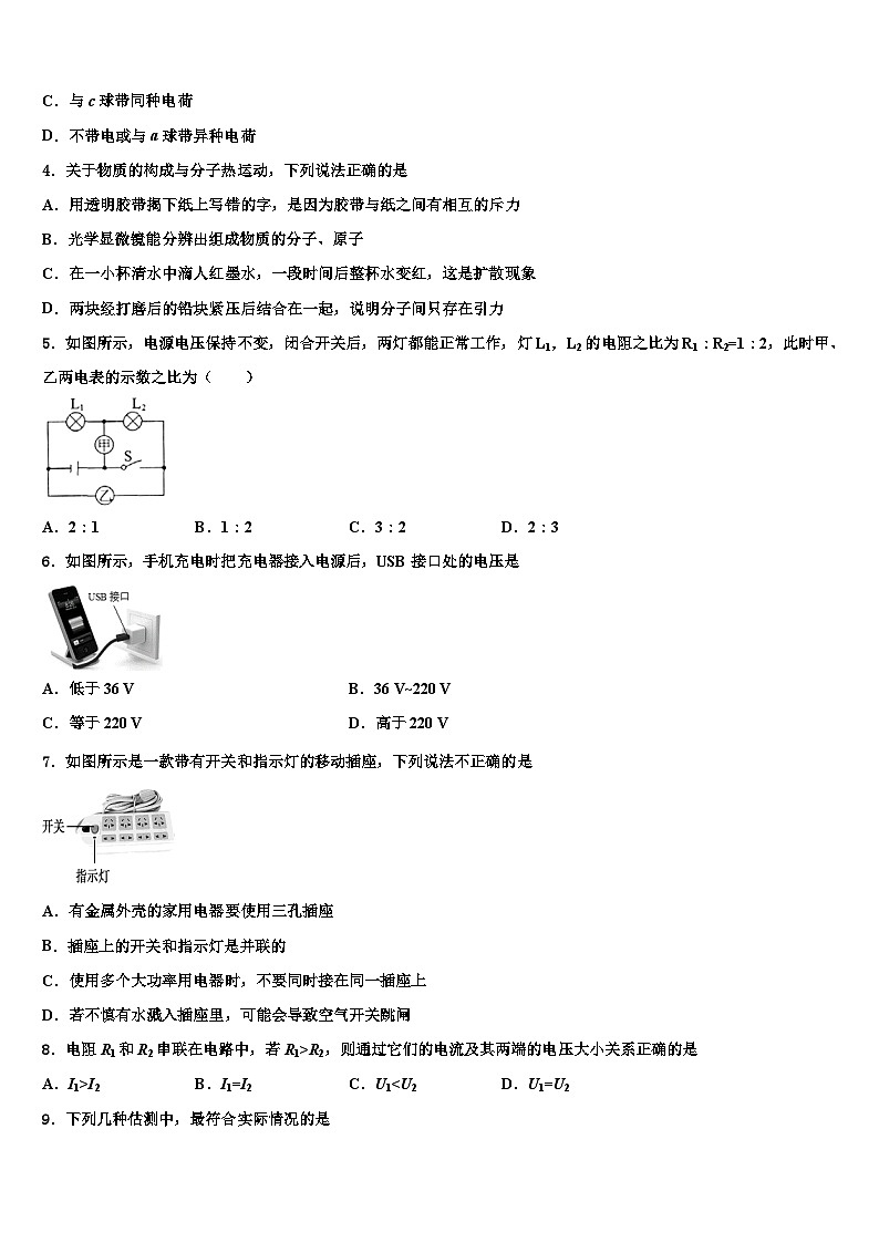 2023-2024学年安徽省物理九上期末统考模拟试题第2页