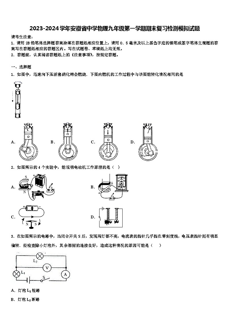 2023-2024学年安徽省中学物理九年级第一学期期末复习检测模拟试题01