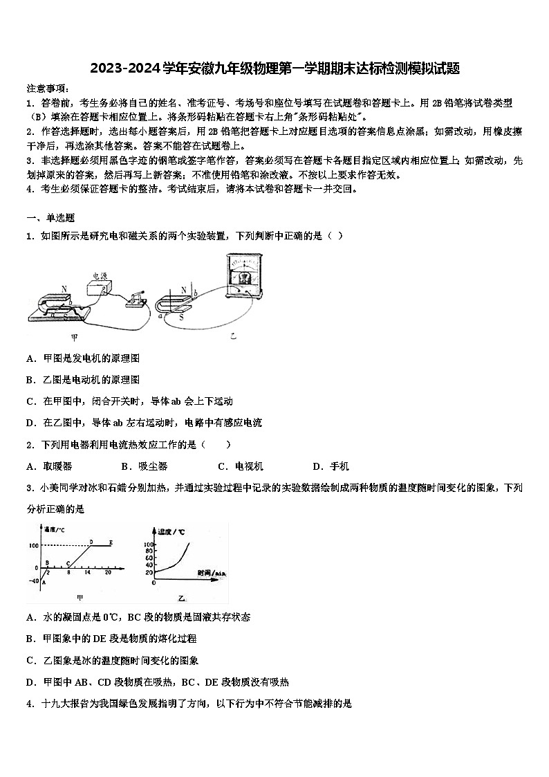 2023-2024学年安徽九年级物理第一学期期末达标检测模拟试题01