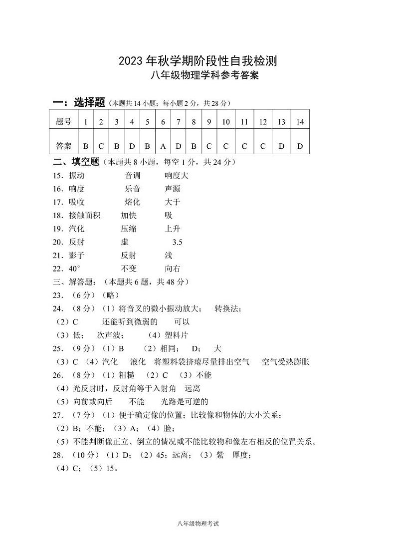 江苏省盐城市射阳县县城四校2023-2024学年八年级上学期期中阶段性自我检测物理试卷01