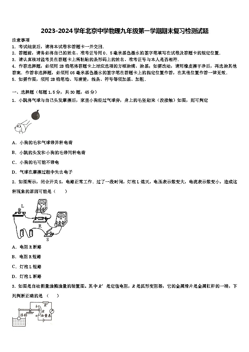 2023-2024学年北京中学物理九年级第一学期期末复习检测试题第1页