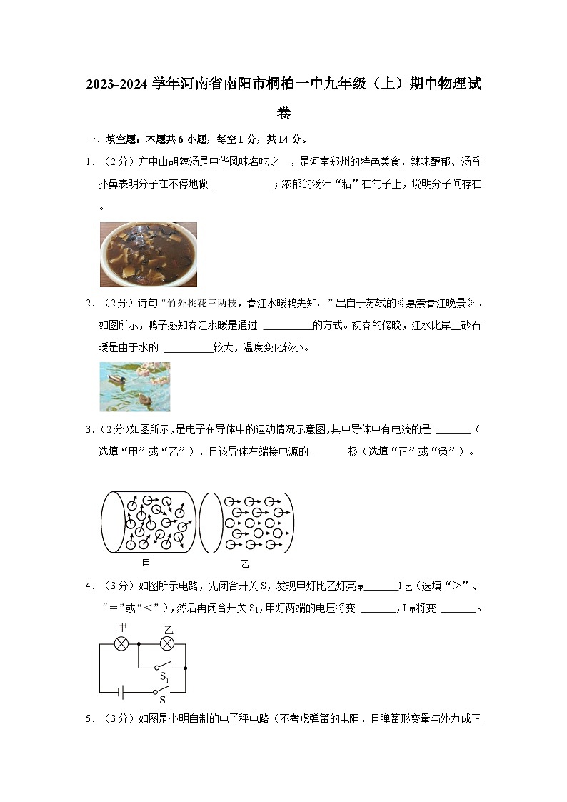 河南省南阳市桐柏一中2023-2024学年九年级上学期期中物理试卷第1页