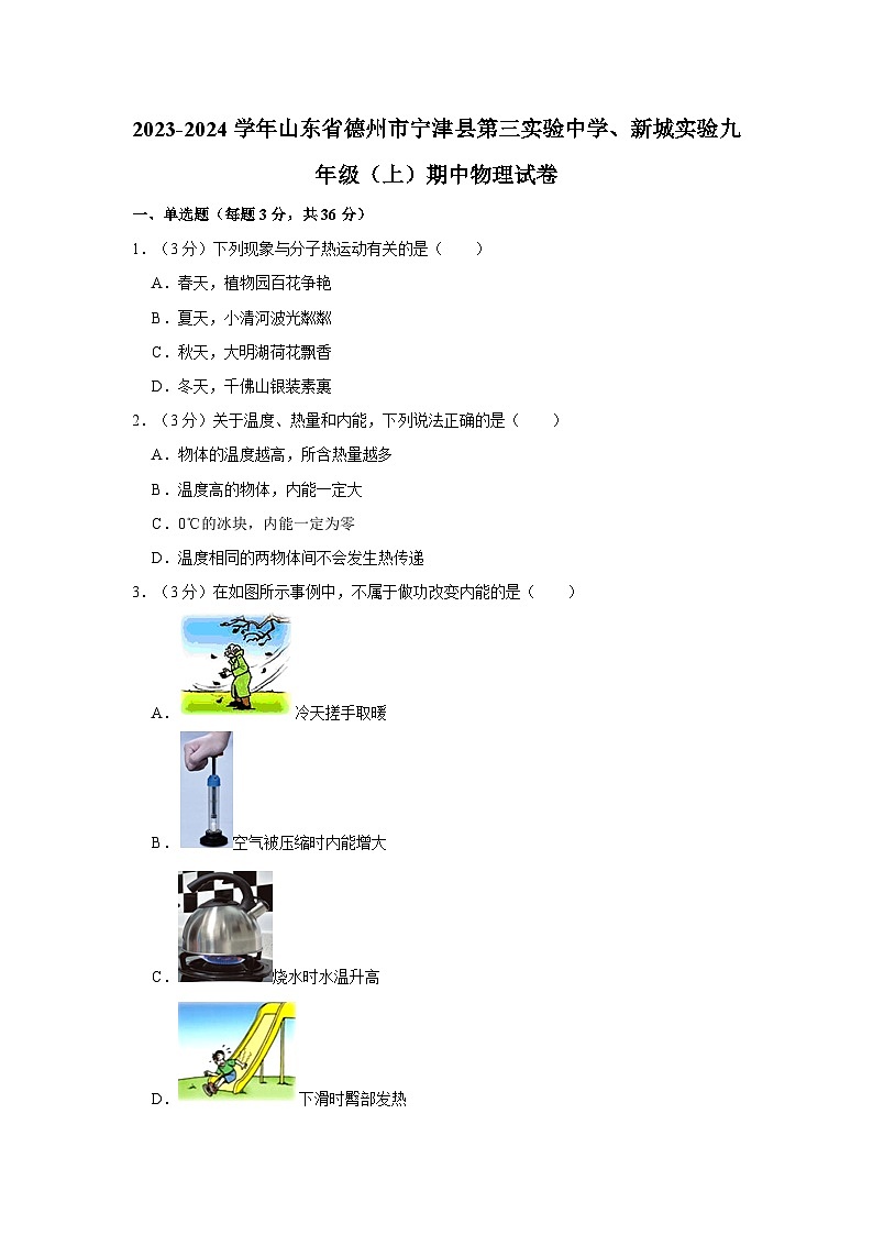 山东省德州市宁津县第三实验中学、新城实验2023-2024学年九年级上学期期中物理试卷01
