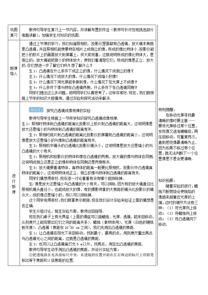 第五章透镜及其应用第3节凸透镜成像的规律第1课时探究凸透镜成像的规律教案（人教版八上物理）第2页
