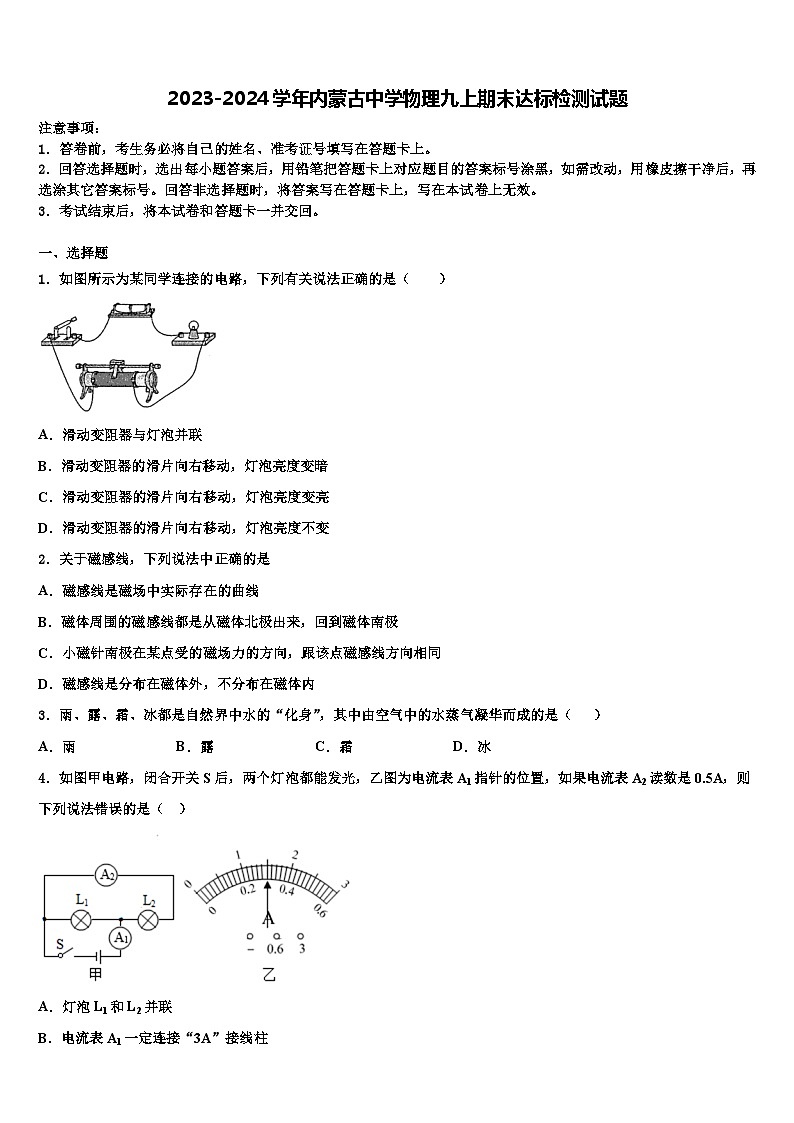 2023-2024学年内蒙古中学物理九上期末达标检测试题第1页