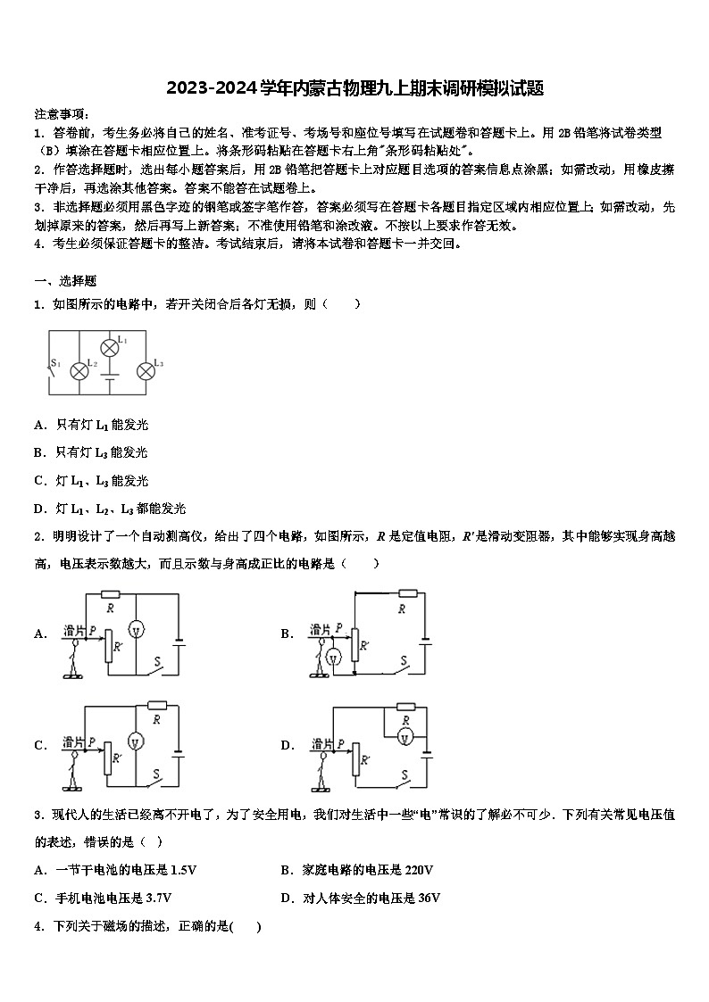 2023-2024学年内蒙古物理九上期末模拟试题01
