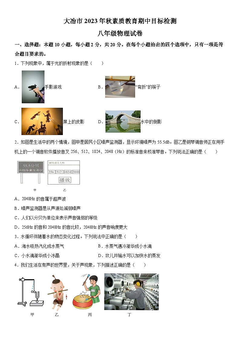 湖北省大冶市2023-2024学年八年级上册期中目标检测物理试题（含解析）01