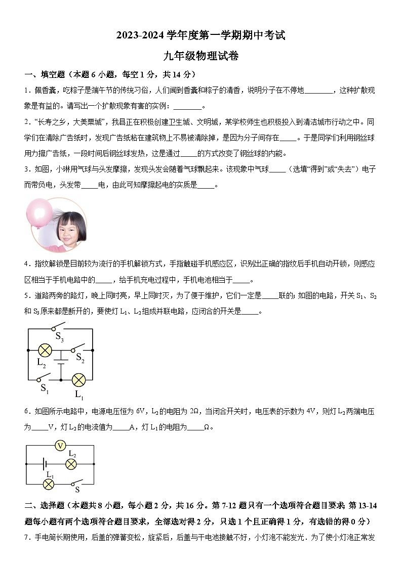 河南省商丘市夏邑县2023-2024学年九年级上册11月期中物理试题（含解析）第1页