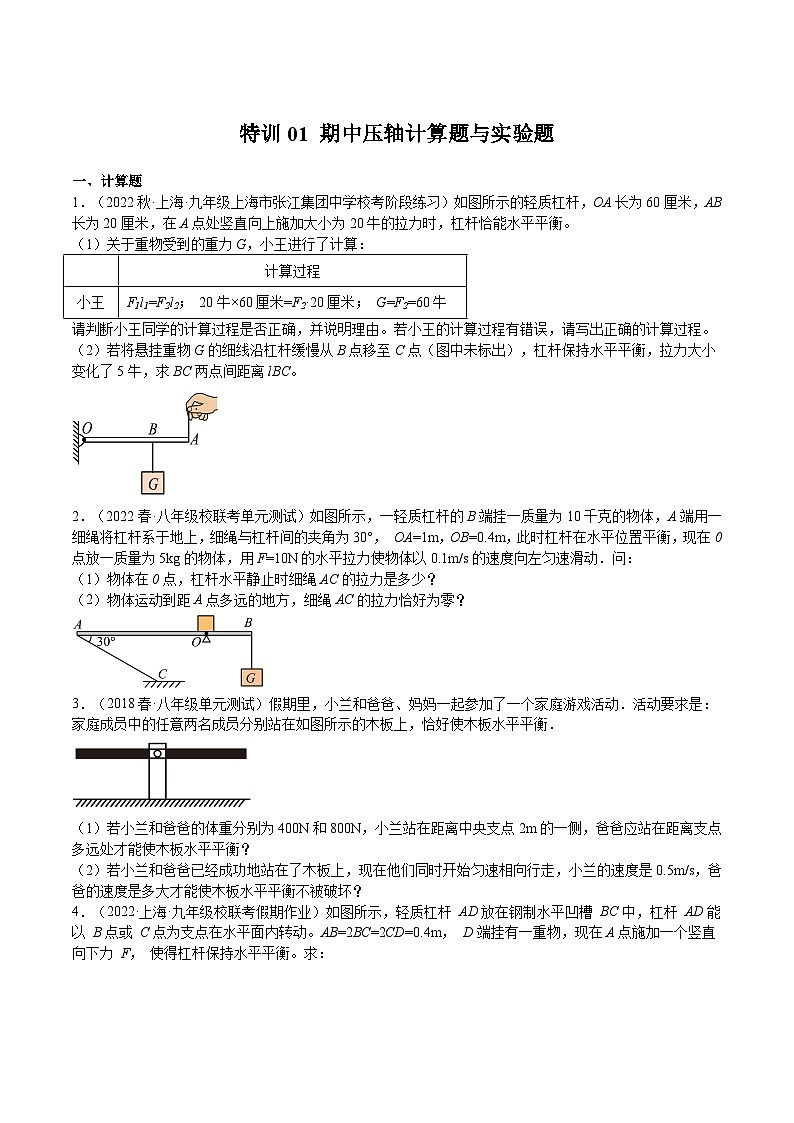 特训01 期中压轴计算题与实验题（原卷版）第1页