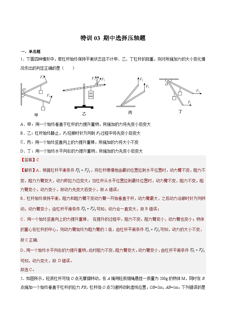 特训03 期中选择压轴题-2023-2024学年八年级物理第二学期期中期末挑战满分冲刺卷（上海沪教版）01