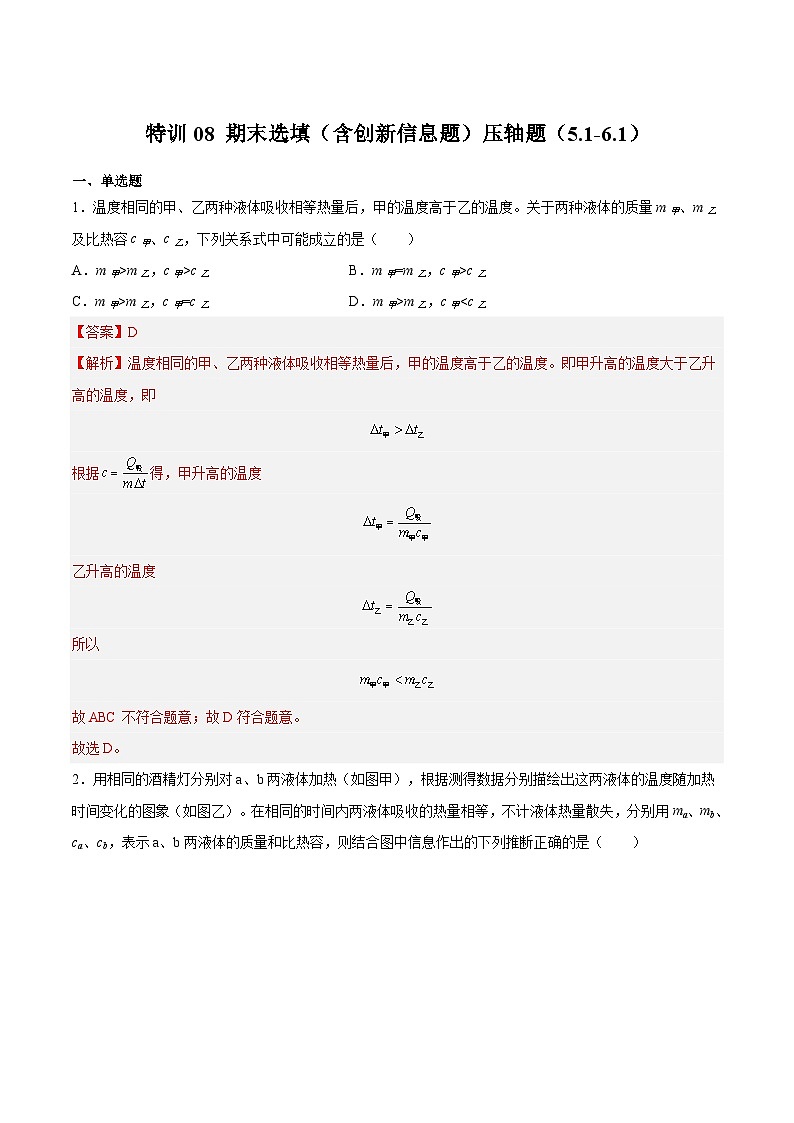 特训08 期末选填（含创新信息题）压轴题（5.1-6.1）-2023-2024学年八年级物理第二学期期中期末挑战满分冲刺卷（上海沪教版）01