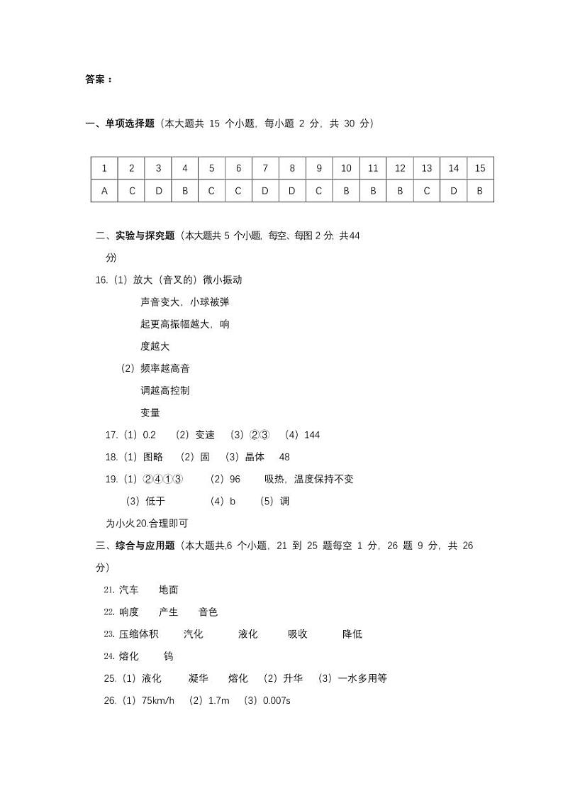 初二物理期中考试预测试题答案第1页