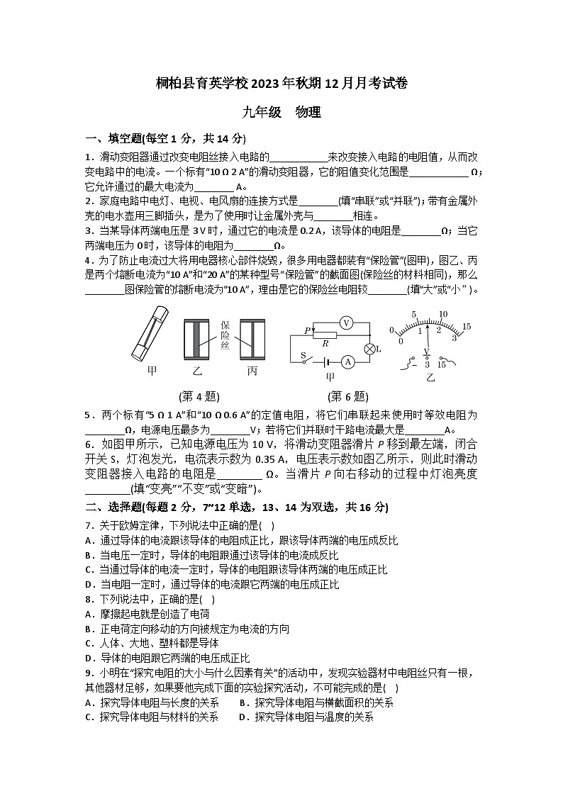 河南省南阳市桐柏县育英学校2023-2024学年九年级上学期12月月考物理试题01
