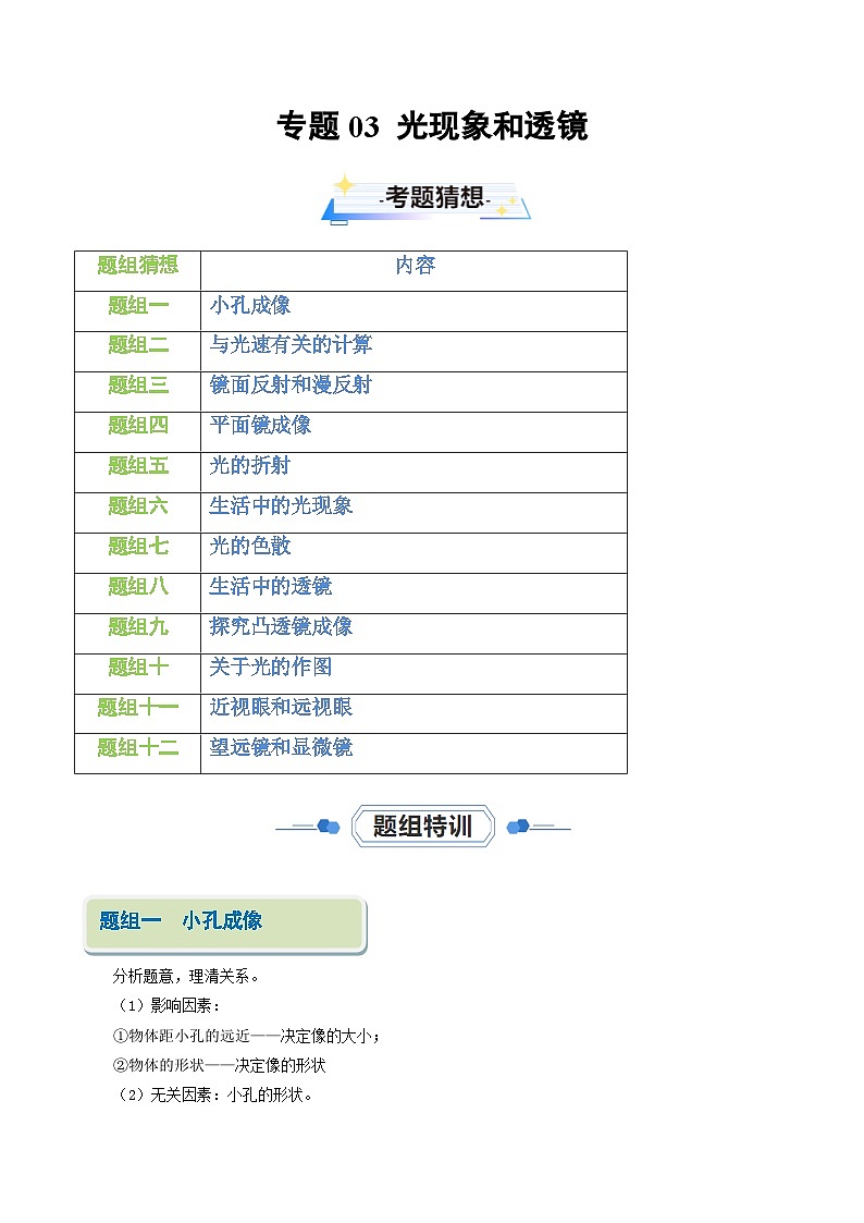 专题03 光现象和透镜【考题猜想】-2023-2024学年八年级物理上学期期末考点全预测（人教版）01